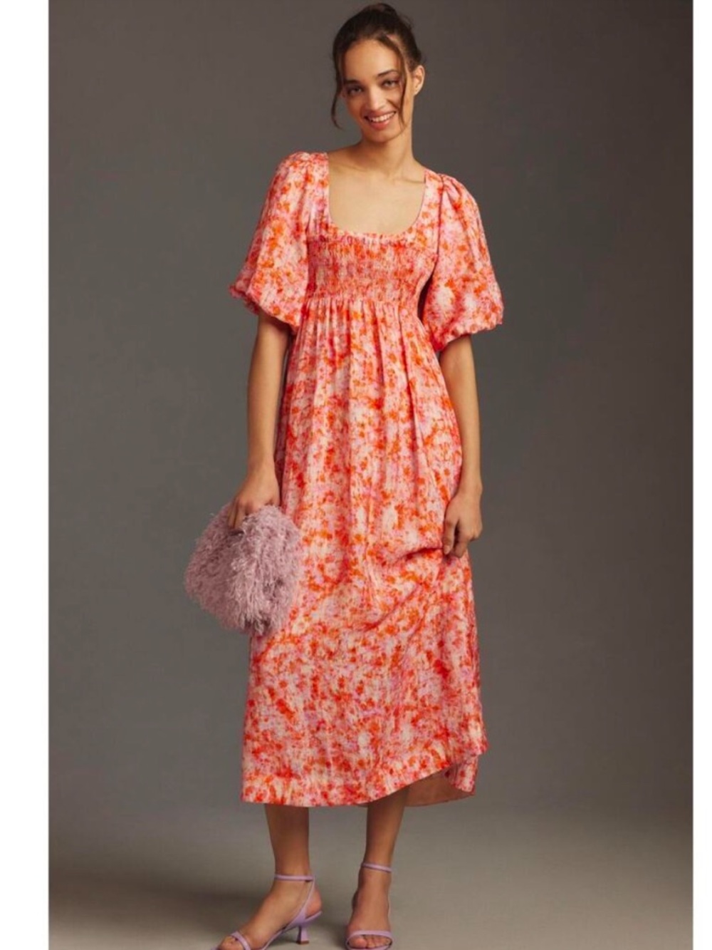 Anthropologie Short-Sleeve Smocked Babydoll Midi Dress with pockets